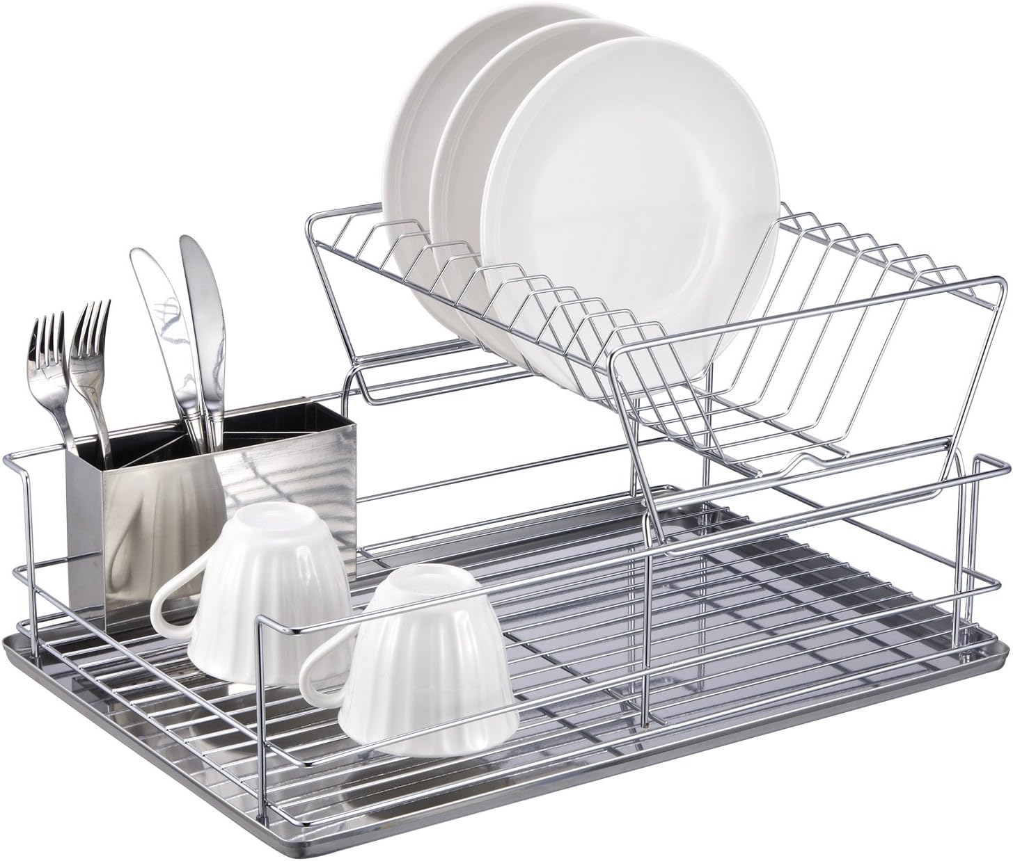 Large 3-Tier Stainless Steel Dish Drying Rack With Drainboard & Knife Holder – 16.9x12.9in