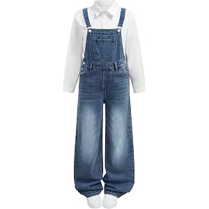 Zekujoy Girls Denim Overalls Wide Leg Baggy Jean Jumpsuit Washed Y2K Cute Adjustable Strap Loose Streetwear 7-14Y