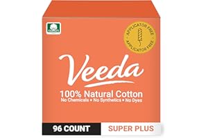 Veeda 100% Natural Cotton Tampons Super Plus Absorbency - Applicator Free Tampons with leak proof protection - Unscented & Toxin Free - 96 Count