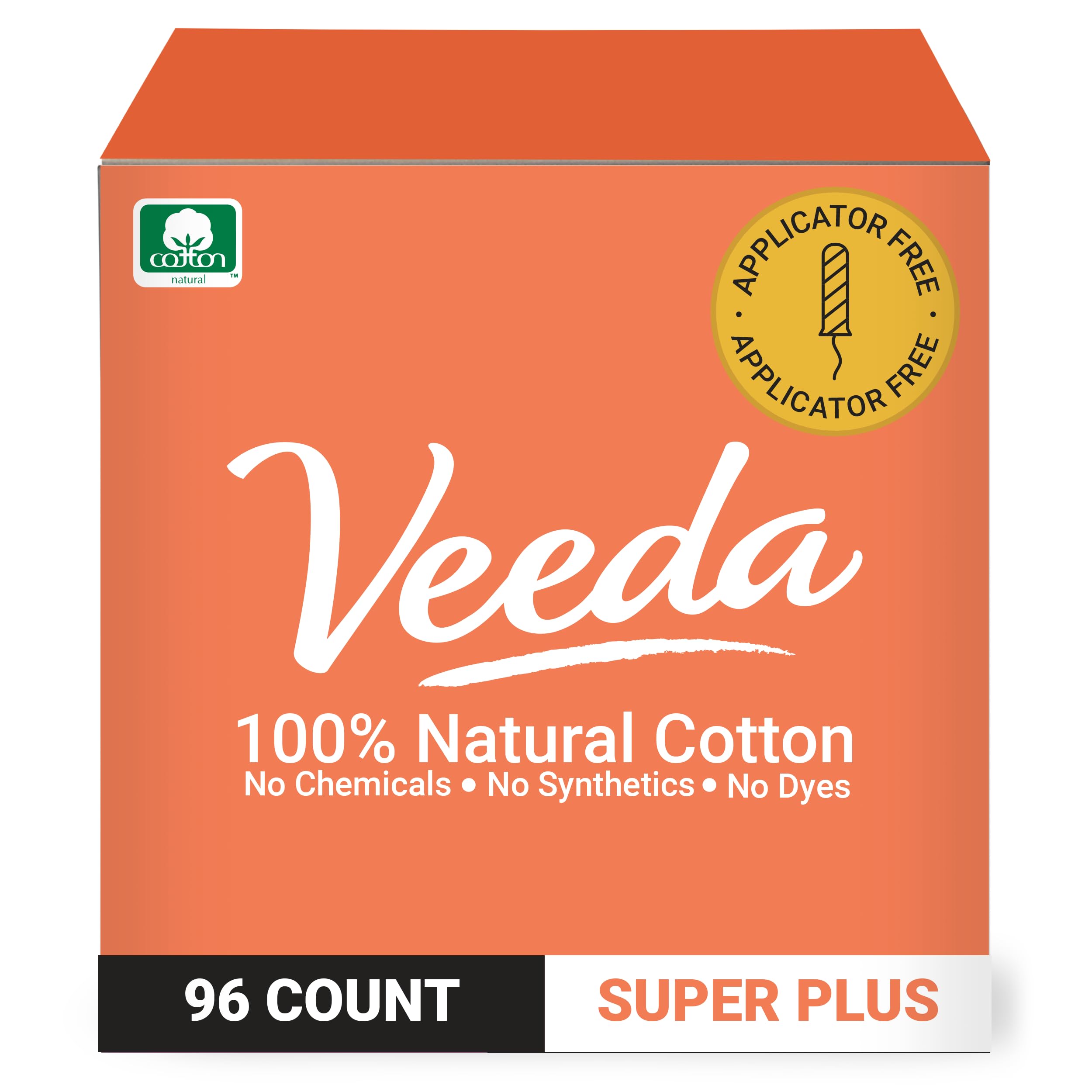 Photo 1 of Veeda 100% Natural Cotton Compact Tampons Super Plus Absorbency - Non-Applicator Tampons with leak proof protection - Unscented, Chlorine & Toxin Free - 96 Count