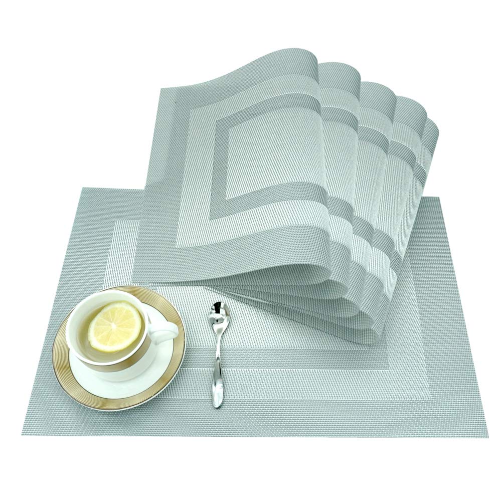 yara home décor Placemats Sliver Glitter PVC Frame Woven Large Washable KitchenTablemats DiningPlace Mats set of 6, Heat Insulation 45 x 30cm