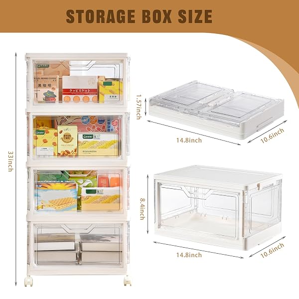 FREEBAT COLLAPSIBLE PLASTIC STORAGE BINS WITH WHEELS, CLEAR STACKABLE STORAGE BINS WITH LID, STACKABLE STORAGE BINS WITH OPEN DOOR, FOLDING STORAGE BINS ORGANIZER FOR CLOSET, BEDROOM, LIVING ROOM