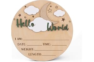 CUNCUN Hello World Wooden Baby Birth Announcement Sign – Moon and Stars Name Plaque with 3D Lettering – Baby Stats Board for Photo Prop or Nursery Decor