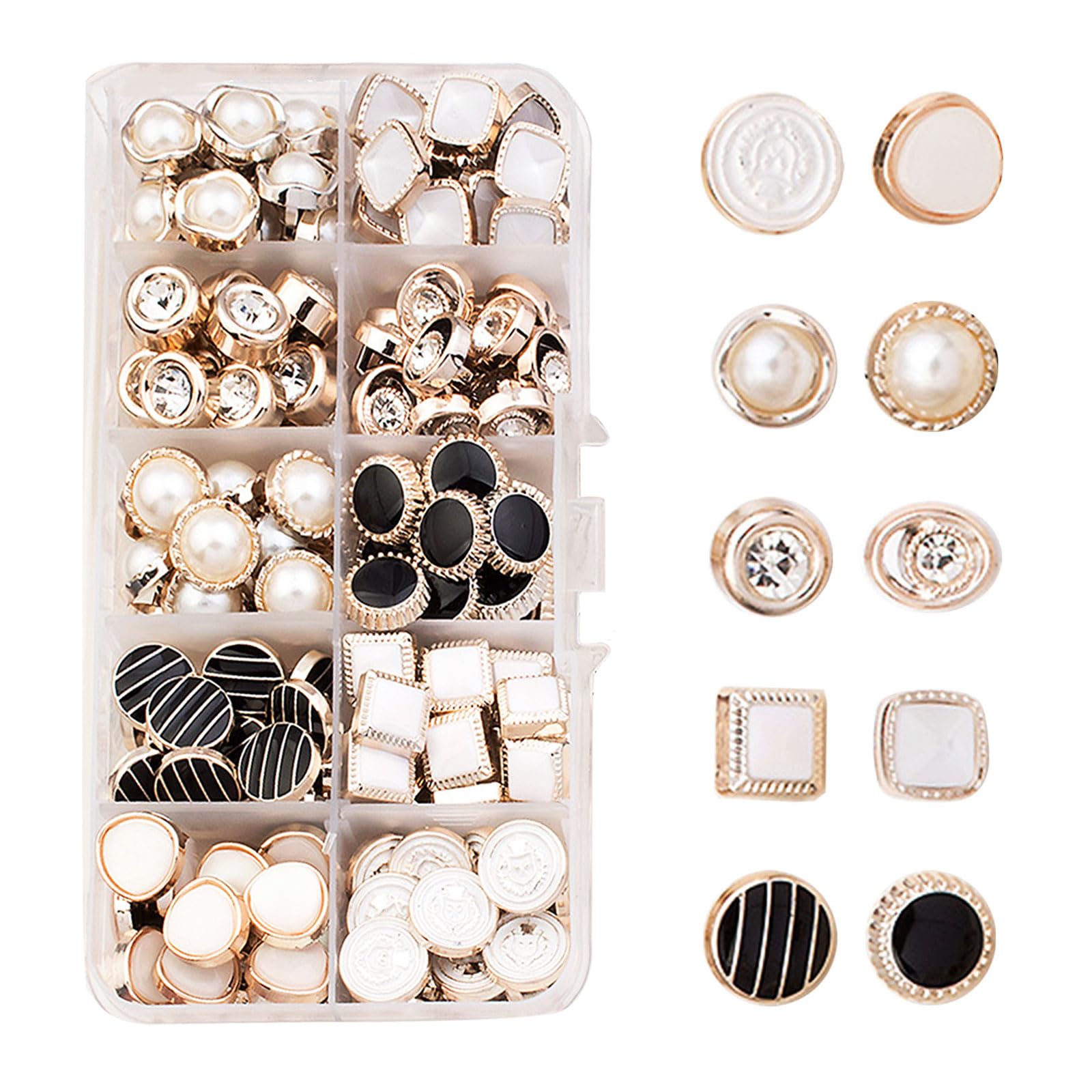 NIYATA 100 Pcs Sew-in Faux Pearl Buttons, Diamante and Small Black Buttons for Cardigans, Shirts, and Craft Projects - 10mm White and Gold Included
