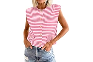 Cicy Bell Womens Striped Sweater Vest Summer Casual Button Down Cap Sleeve Tank Tops Crew Neck Knit Sleeveless Cardigan