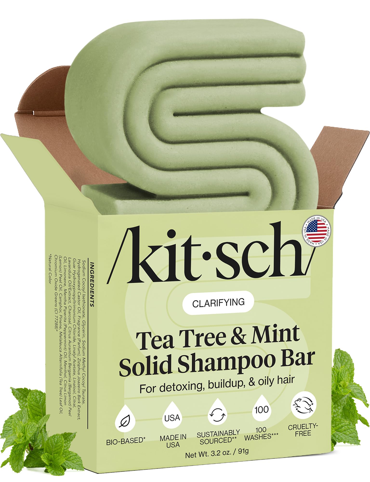 Kitsch Clarifying Tea Tree & Mint Shampoo Bar - Tea Tree Shampoo for Build-Up Removal - Hair Shampoo Bar for Scalp & Oil Control - Vegan Hair Care - 3.2 oz