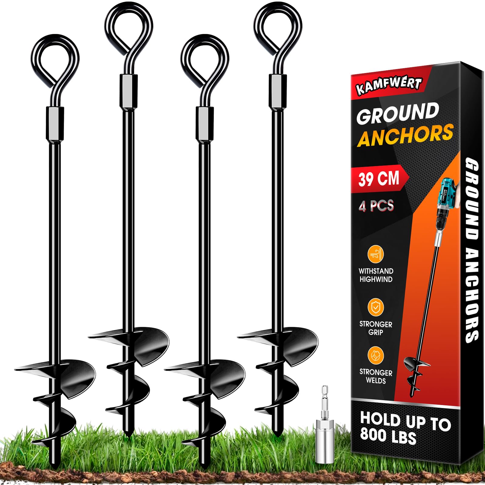 Ground Anchor Heavy Duty, 4 Pack Ground Pegs kits Fit for All Tents, Trampolines, Ground Anchoring Kit with Adaptor