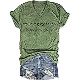 Dicosky Walking by Faith Tripping Constantly T-Shirt for Women,Humorous Inspirational Saying Graphic Tee, V Neck Casual Top