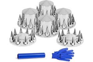 HQALTY 33mm Axle Cover Chrome Pointed Combo Kit Spike Screw-on Lug Nut Covers with 2 Front and 4 Rear Axle Wheel Covers Removable Hub Caps for Semi Truck (Installation Tool Included)
