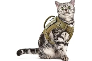AUGOPAPA Tactical Cat Harness for Walking Escape Proof, Soft Mesh Adjustable Pet Vest Harness for Large Cat, Small Dog and Khaki