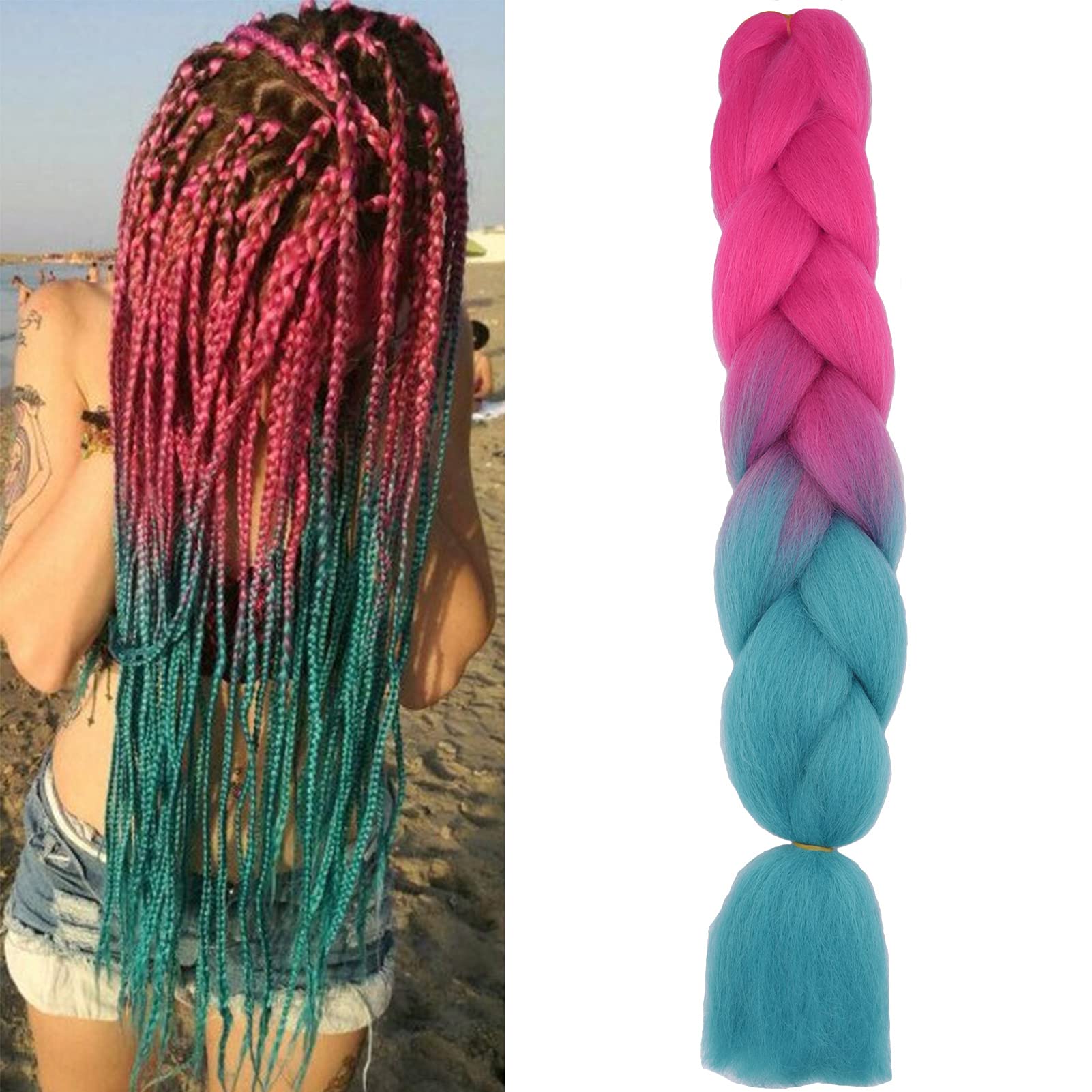 24" Braiding Hair Extension Jumbo Braids Synthetic Crochet Hair Afro Box Braid Heat Resistent (Rose Red&Lake Blue)