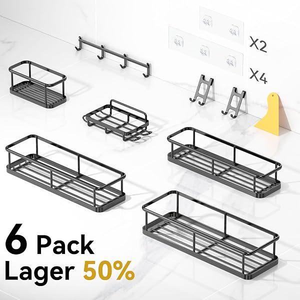 YASONIC SHOWER CADDY ADHESIVE, RUSTPROOF SHOWER ORGANIZER WITH SOAP HOLDER, LARGE CAPACITY SHOWER SHELVES FOR INSIDE SHOWER, NO DRILLING BATHROOM ORGANIZERS AND STORAGE FOR HOME DECOR 6 PACK BLACK