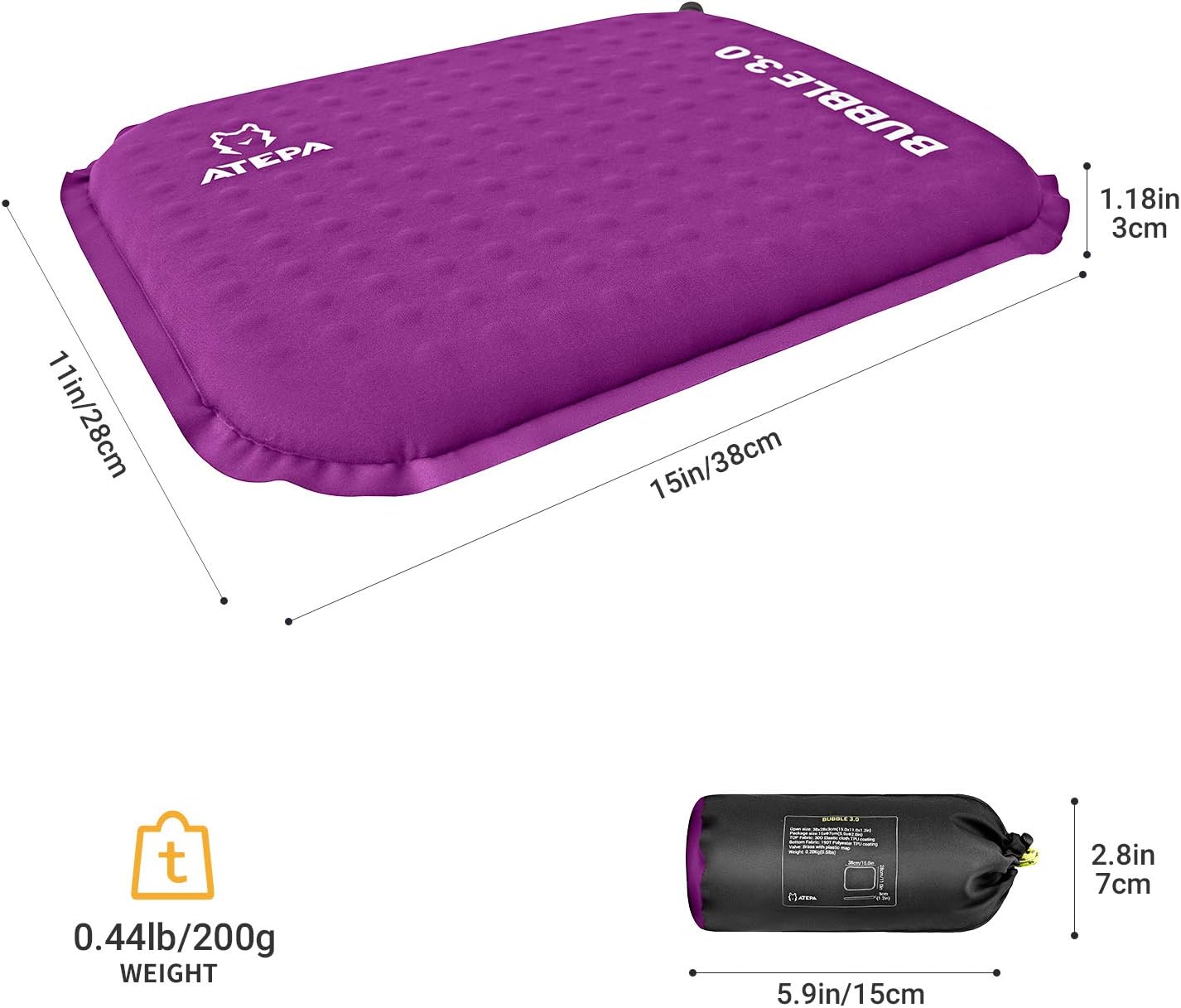 ATEPA Purple Self-inflating Inflatable Seat Cushion for Stadium, Pressure Relief, Bleacher, Sports, Camping, Airplane, Travel, Outdoor, Small Air Foam Seat Pad, Portable, Packable, Waterproof, Insulated : Sports & Outdoors