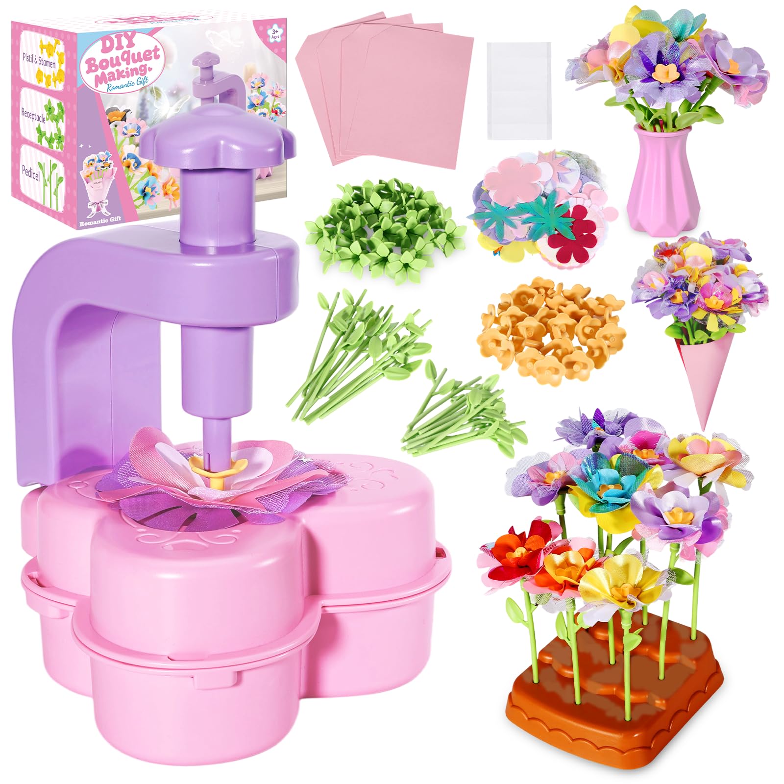 Crelloci Butterfly Flower Press Craft Kit for Girls – DIY Flower Pressing Crafts for Kids with Vase & Base – Creative Bouquet Making Set for Birthday Gifts for 5 6 7 Year Old Girls