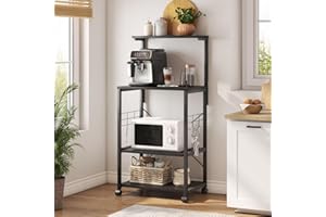 Bestier Bakers Rack, 4-Tier Microwave Stand Coffee Bar Table on Wheels, Utility Storage Rack with Sliding Shelf & 10 Side Hooks for Kitchen, Living Room, Dining Room, Black