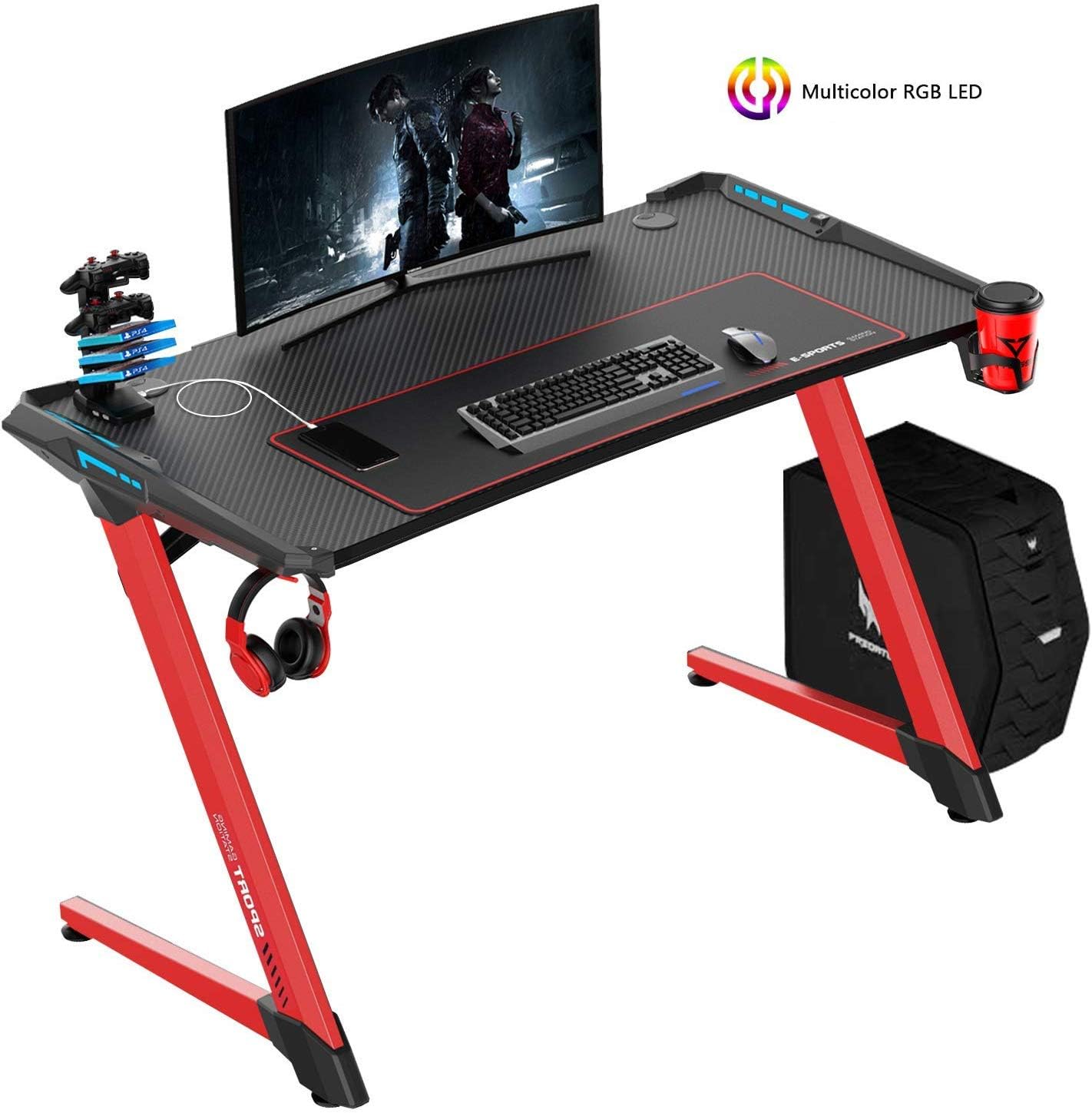 VIT Ergonomic Gaming Desk, Office PC Computer Desk with Large Mouse Pad, Gamer Tables Pro with USB Gaming Handle Rack, Stand Cup Holder&Headphone Hook (47 in RED LED)