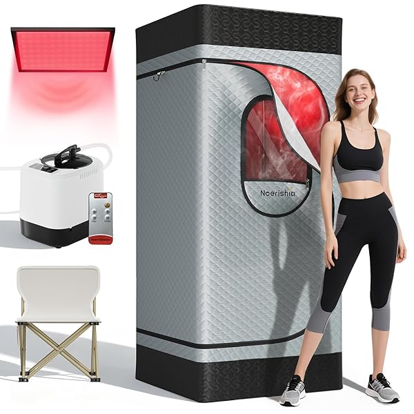 NOERISHIA PORTABLE INFRARED SAUNA BOX FOR HOME WITH 3L 1200W STEAMER, BIG FOLDING CHAIR, 99 MINS TIMER, 9 LEVELS, STEAM SAUNA TENT WITH 660NM + 850NM RED LIGHT THERAPY, FOR HOME SPA DETOXIFICATION