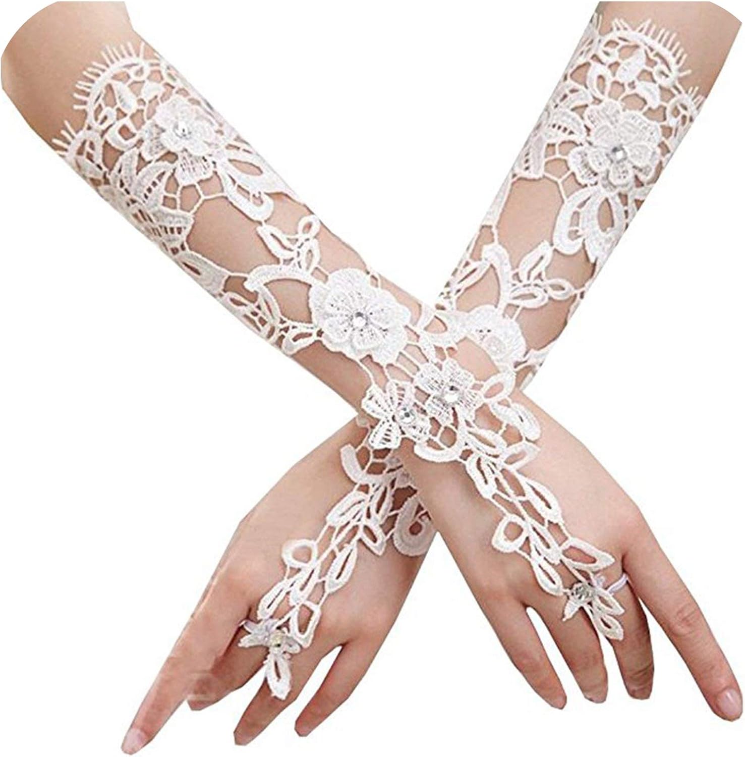 Long Lace Bridal Gloves Lady Formal Banquet Gloves for Bride Evening Party (White