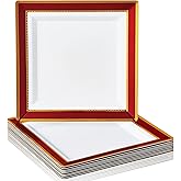 Silver Spoons Jubilant Collection White Square Plastic Dinner Plates with Red Rim - 10.25" (Pack of 10) - Perfect for Birthdays, Graduations & Special Occasions