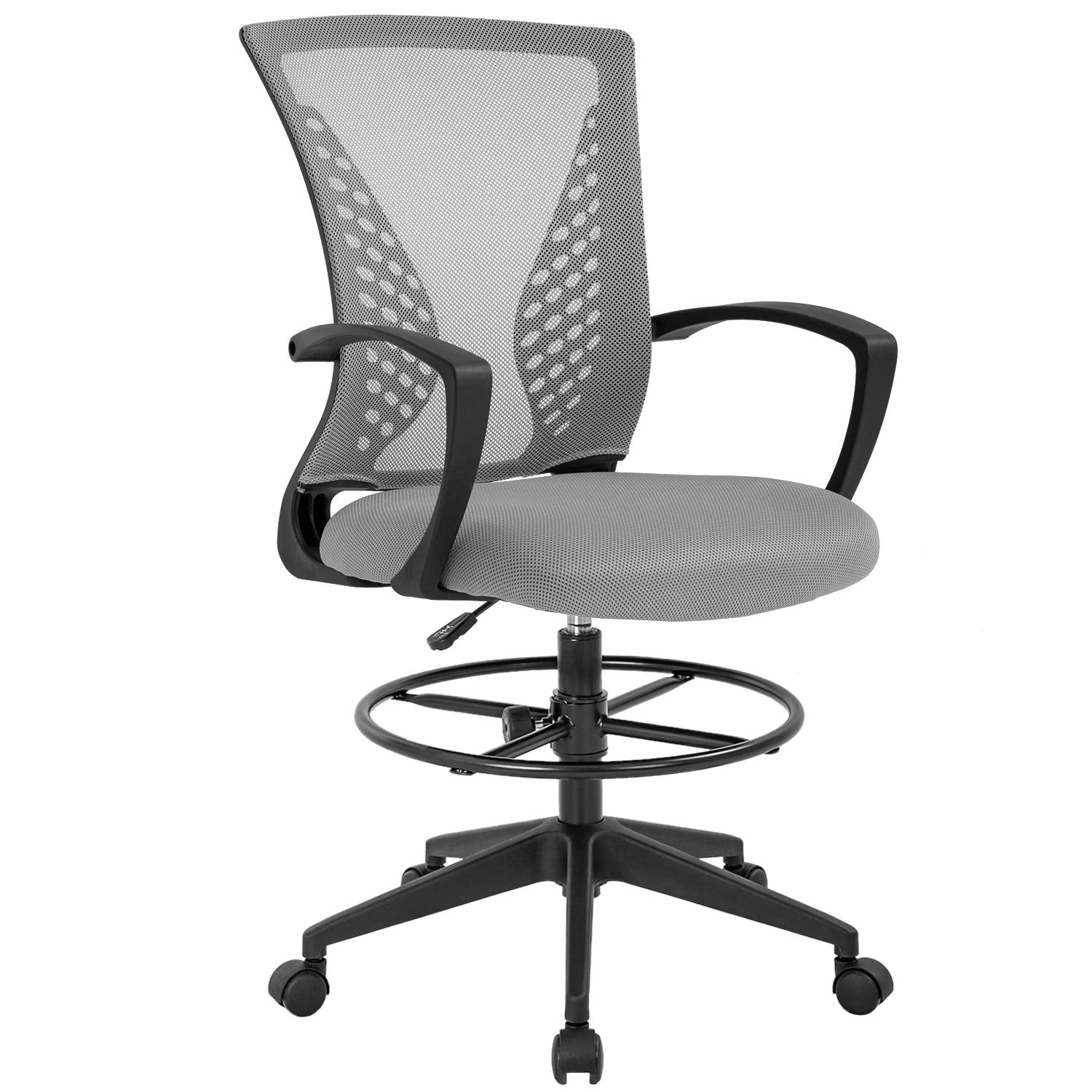 Drafting Chair Tall Office Chair Standing Desk Chair Adjustable Height with Arms Foot Rest Back Support Rolling Swivel Desk Chair Mesh Drafting Stool for Adults