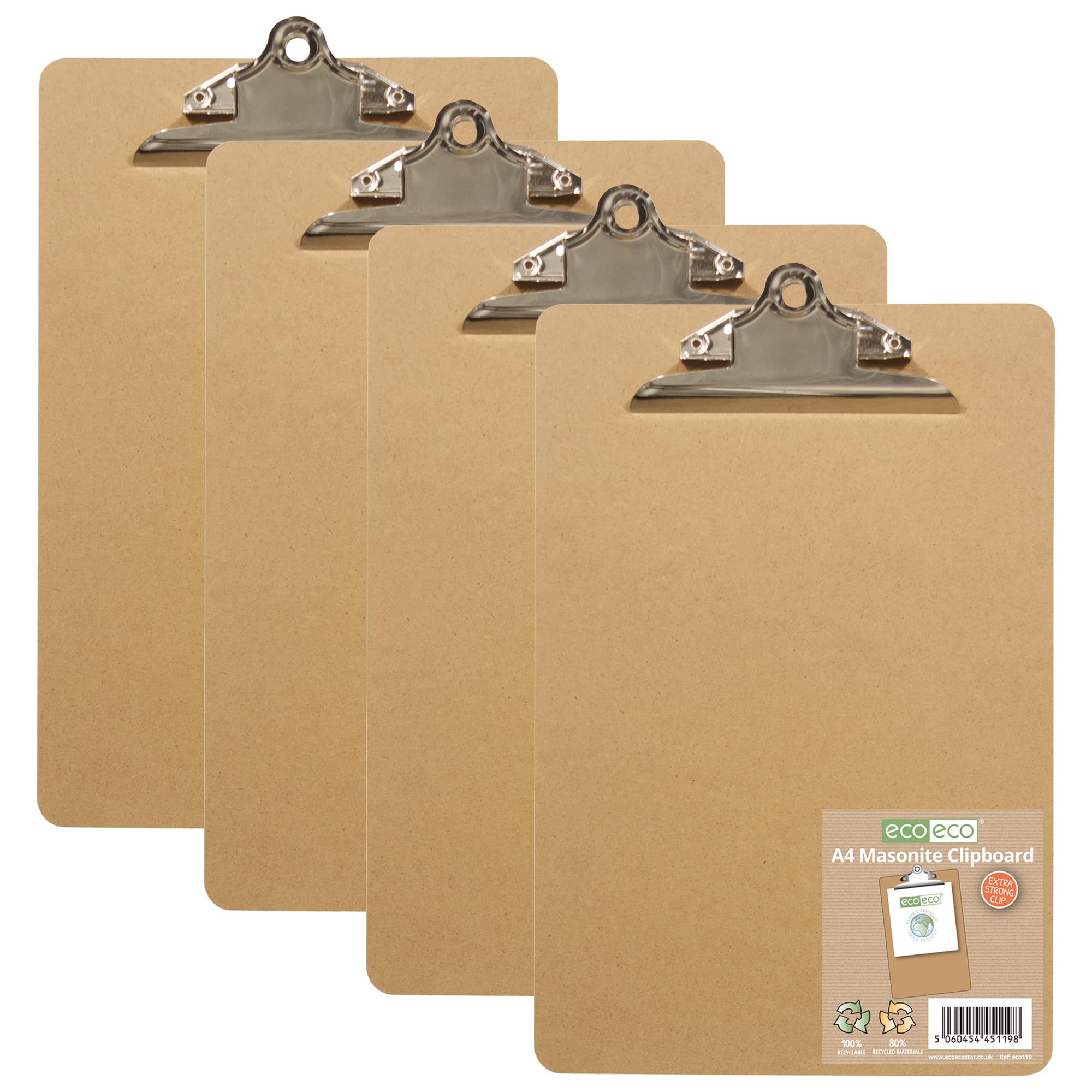 eco-eco A4 Masonite Strong Clipboard with Heavy Duty Metal Clip, Pack of 4, eco119x4