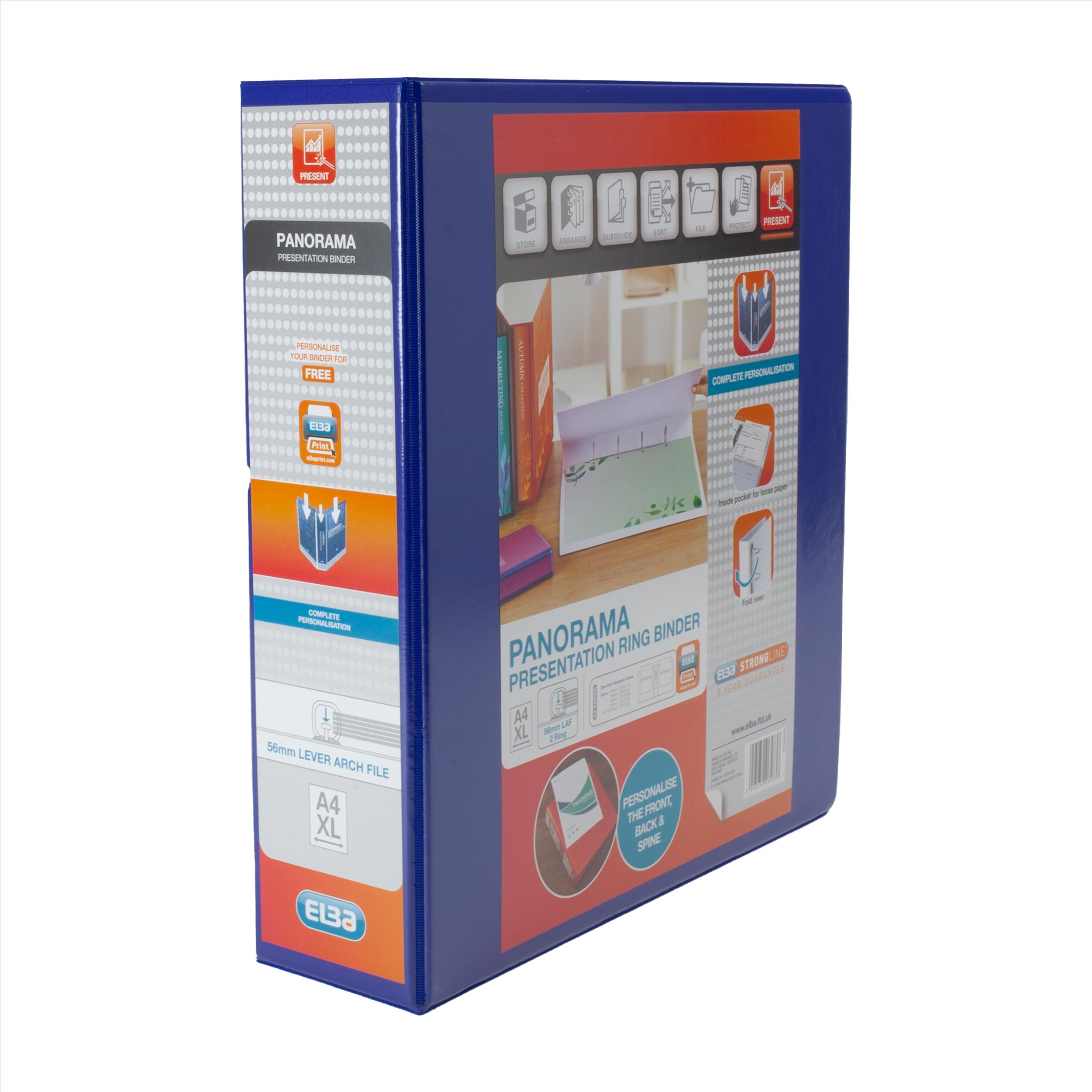Elba A4 2 O-Ring Lever Arch File, 56mm capacity, 70mm spine, Presentation Folder with Customisable Cover, Portrait, Blue (Single)