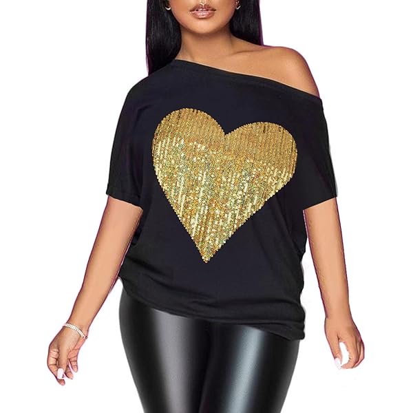 トップス shiny PESION Womens 80s Shirt Short Sleeve Sexy Sequin Lip Graphic T