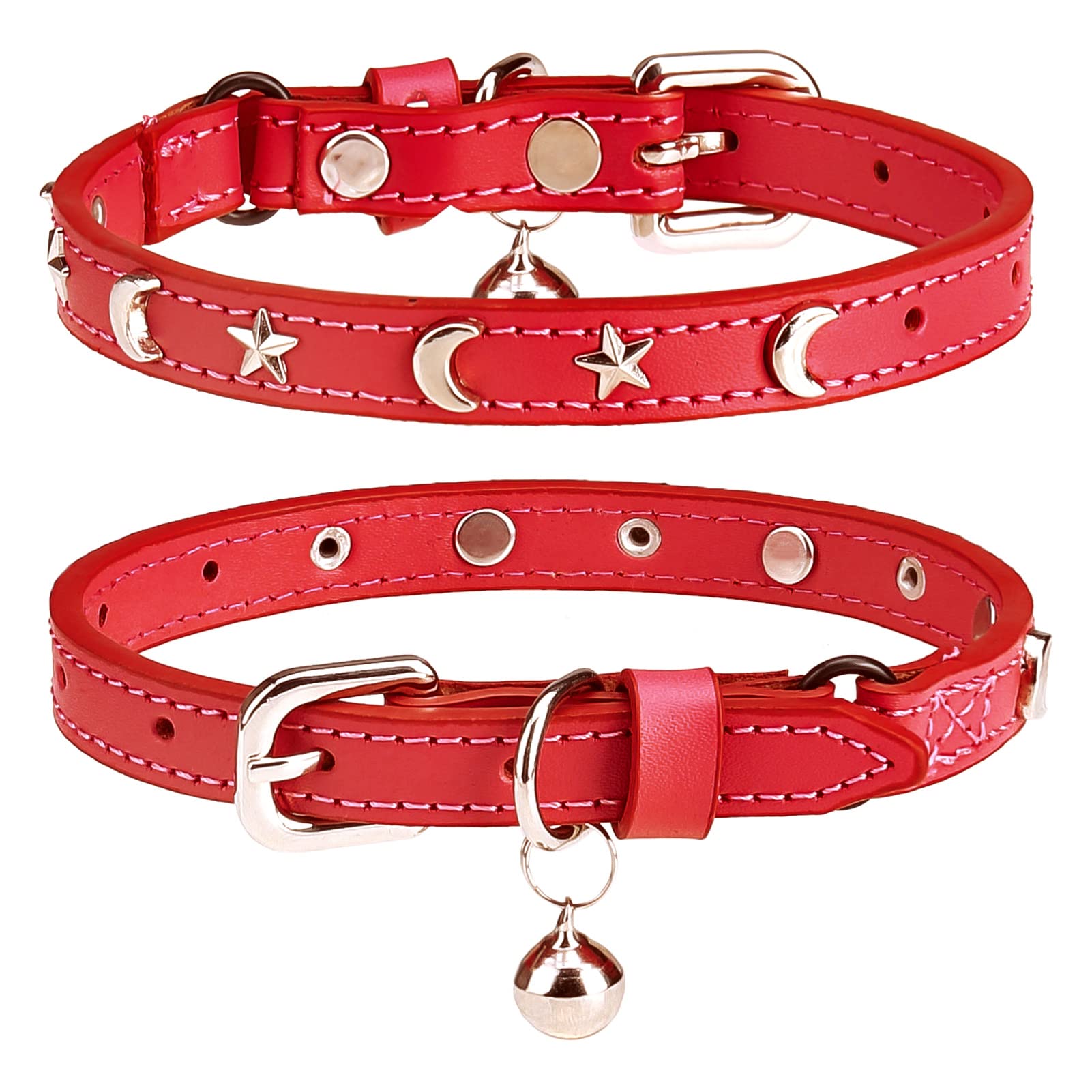 Leather Cat Collars for Boy Girl Cats with Bell and Safety Elastic Belt, Personalized Star and Moon Stud Adjustable Safe Buckle Collar for Kitty Small Big Cats Size 8-12 Inch, Red — image 1