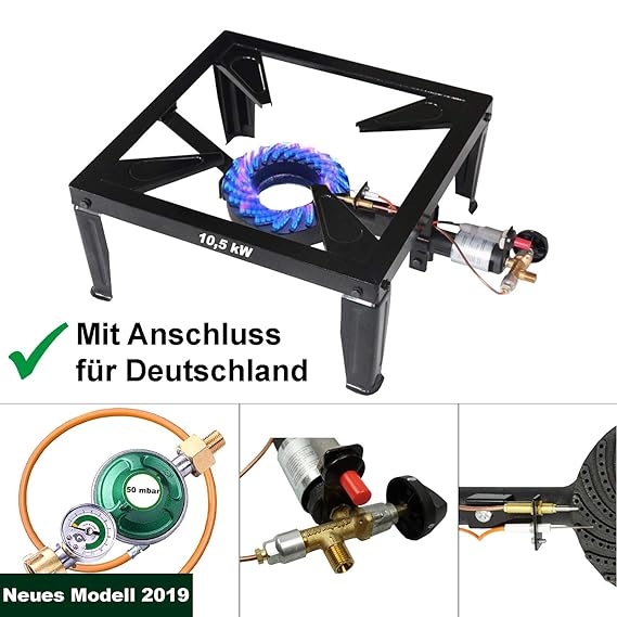 CAGO Gas-Hockerkocher 10,5 KW Profi Gaskocher Gas Kocher mit Zündsicherung und Piezozündung mit Gasschlauch und Gasdruckregle