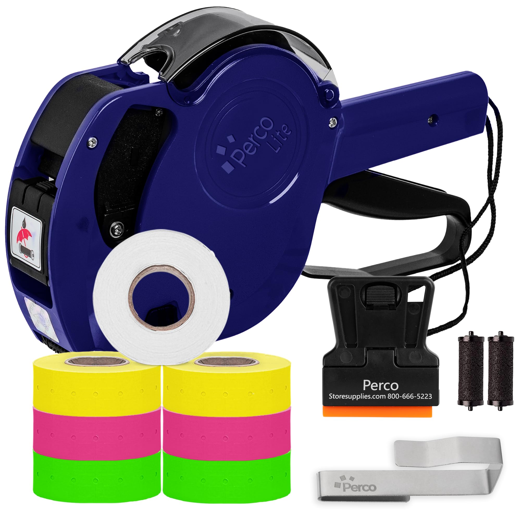 Photo 1 of Perco Lite 1 Line Price Gun Kit - Includes 2 Rolls Each of Yellow, Fluorescent Green & Fluorescent Pink Labels, 1 Roll of White Labels (Preloaded), 1 Scraper, 2 Ink Rollers (1 Preloaded) & 1 Gun Clip