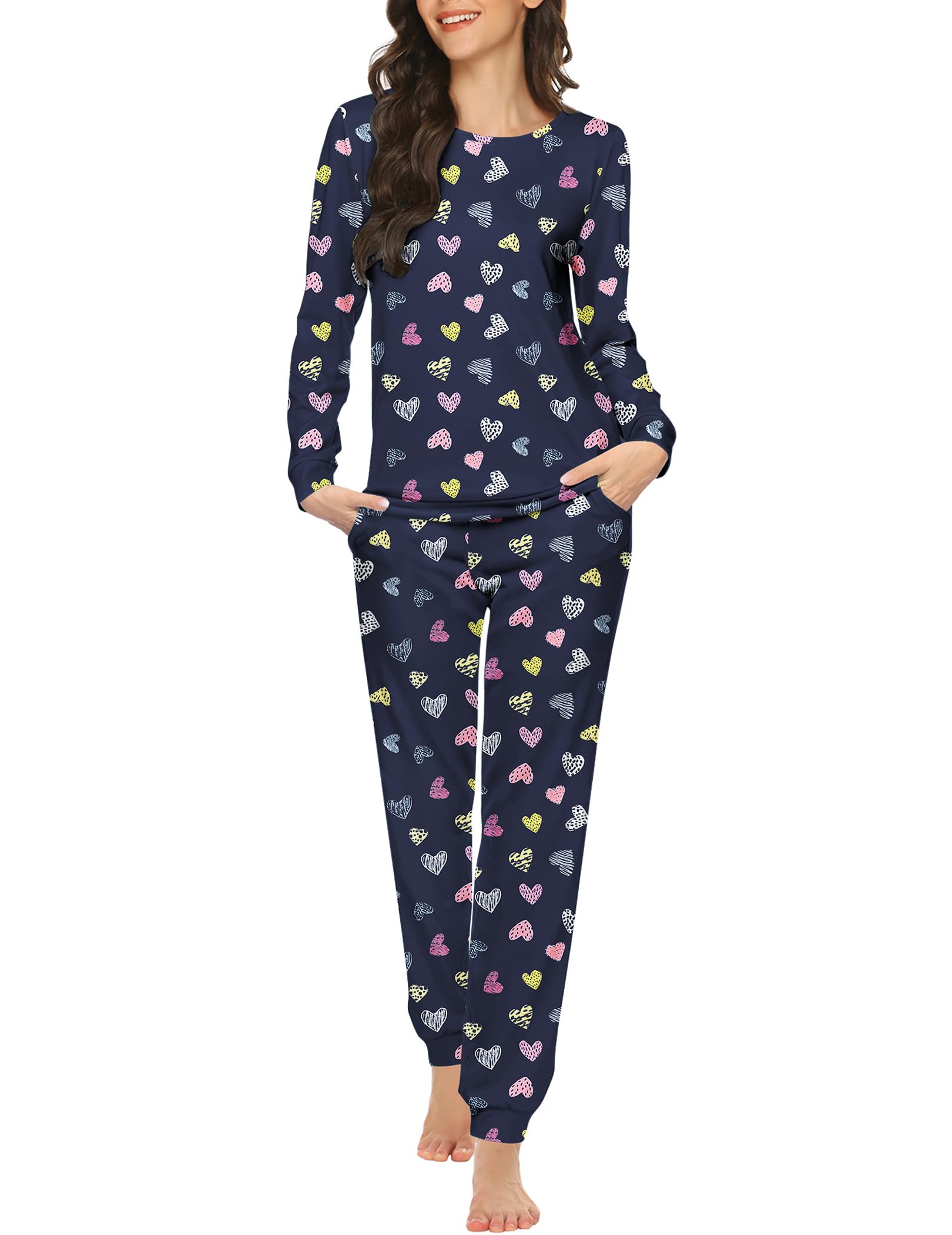 Ekouaer Womens Jogger Pajama Sets Long Sleeve Sleepwear Round Neck Nightwear Soft Pjs Lounge Sets with Pockets Navy Heart Large Image