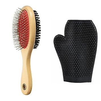 W9 Double Sided Wooden Pin Dog Brush with Grooming Bathing Gloves (Medium)