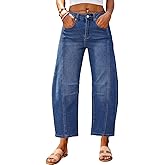 Genleck Barrel Jeans Women Wide Leg Cropped Jeans High Waisted Baggy Boyfriend Mom Denim Ankle Pants with Pockets