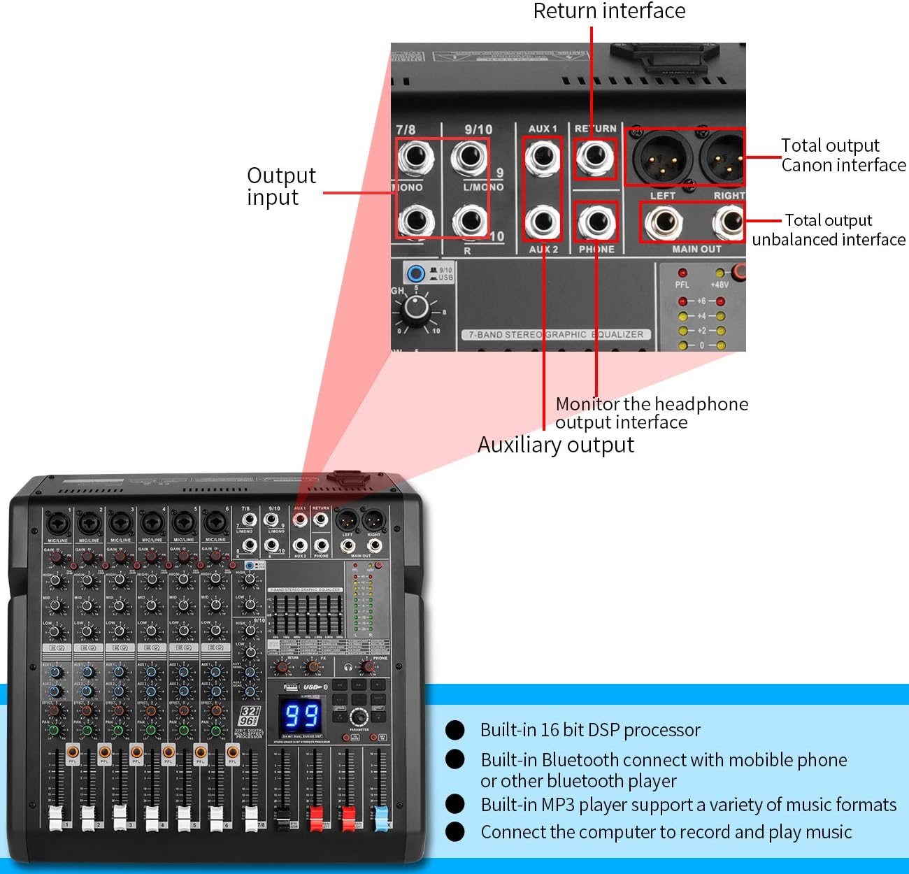 10-Channel Mixer 99 Effects 7 Band EQ Bluetooth Studio Audio Mixer for PC Recording Input, XLR Microphone Jack, 48V Power, for Professional and Beginners-Bomaite B8, Black - Image 4