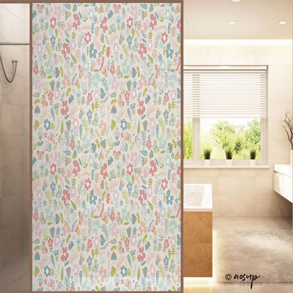 ShopHM Decorative Privacy Window Film Abstract Flowers and Leaves No Glue Frosted Glass Film Static Cling Glass Window Sticker W23.6 xH47.2