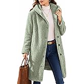 ELLEVEN Winter Faux Fur Pea Coat for Women,Sherpa Wool Fuzzy Fleece Long Warm Teddy Coats Jacket with Hoodie