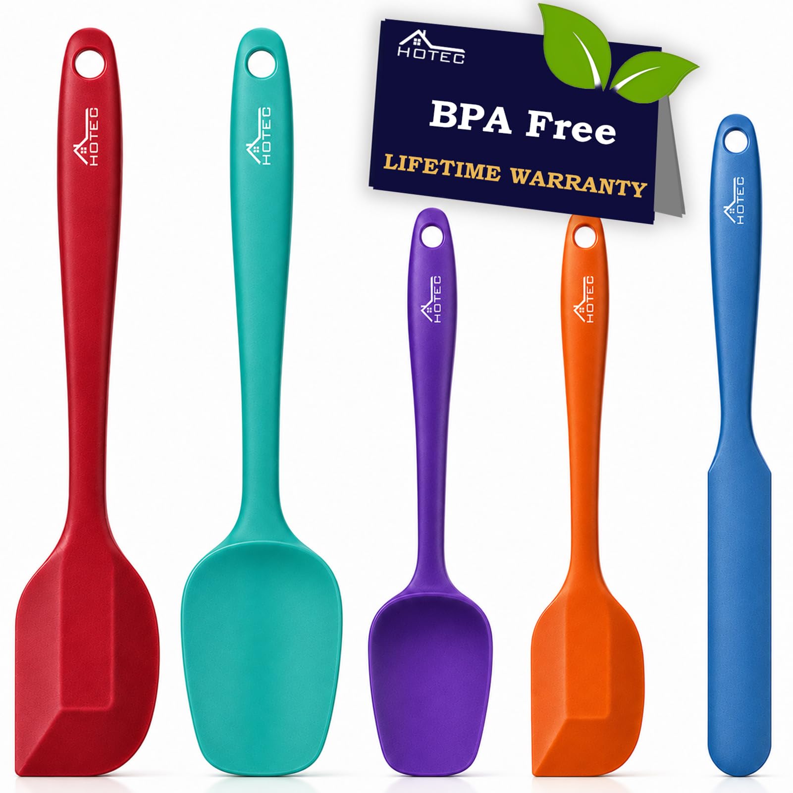 HOTEC Heat Resistant 600℉ Food Grade Silicone Rubber Spatula Set for Baking, Cooking, and Mixing Non Stick Dishwasher Safe BPA-Free Multicolor Set of 5