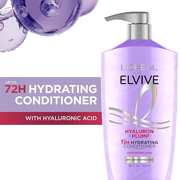 L’OREAL PARIS ELVIVE HYALURON PLUMP HYDRATING CONDITIONER FOR DEHYDRATED, DRY HAIR INFUSED WITH HYALURONIC ACID CARE COMPLEX, PARABEN-FREE, 26.5 FL OZ