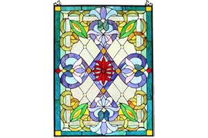 Bieye W10028 Victorian Tiffany Style Stained Glass Window Panel with Chain, Rectangular Shape, 18" W x 25" H