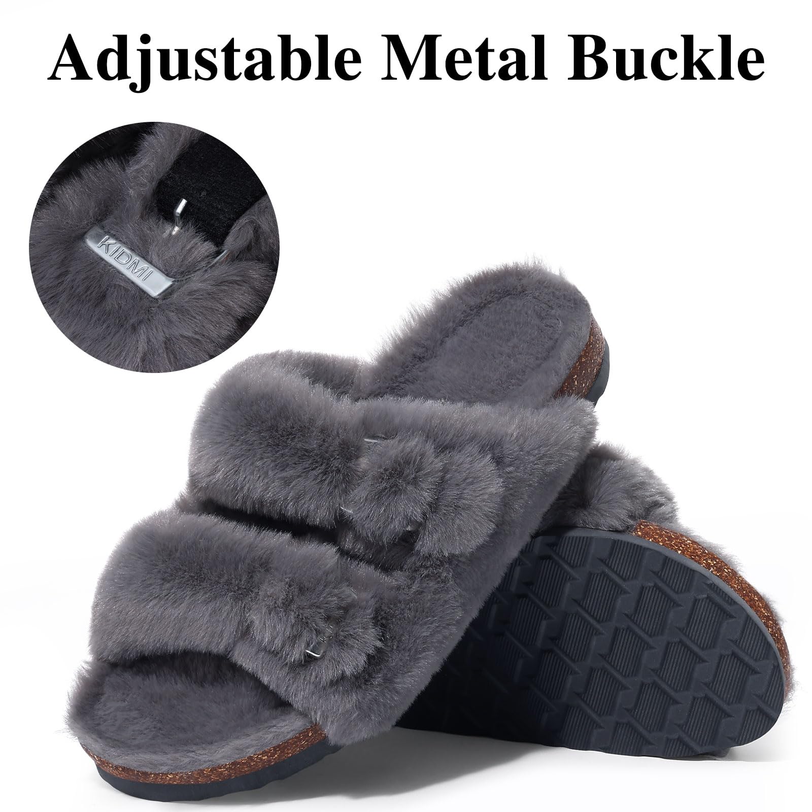 KIDMI Fuzzy Slippers Women with Cork Footbed Fluffy Slides Open Toe Indoor House Shoes | Arch Support | Adjustable Buckles, Deep Grey 6.5-7