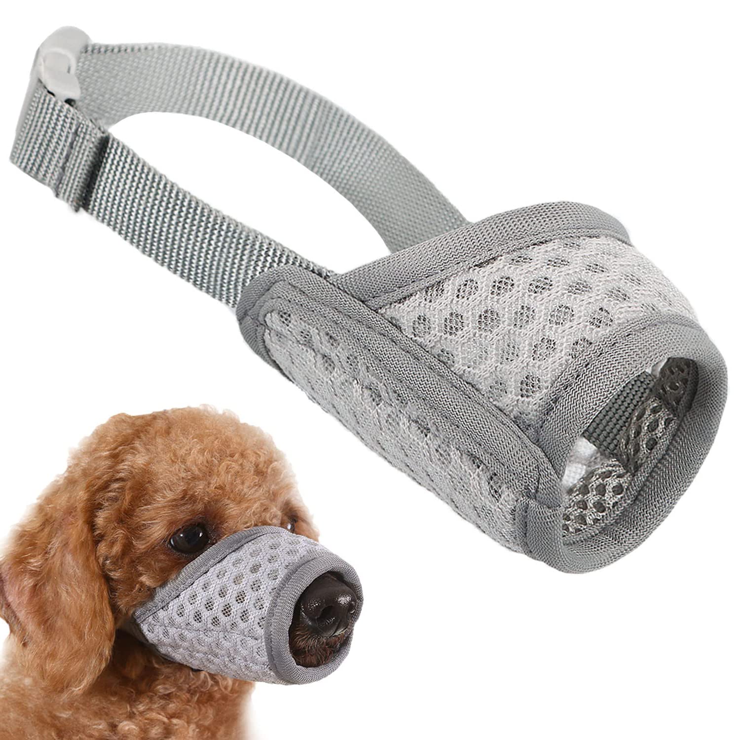 Soft Mesh Dog Muzzle - Adjustable, Breathable, Allows Panting & Drinking (Grey, XXS)