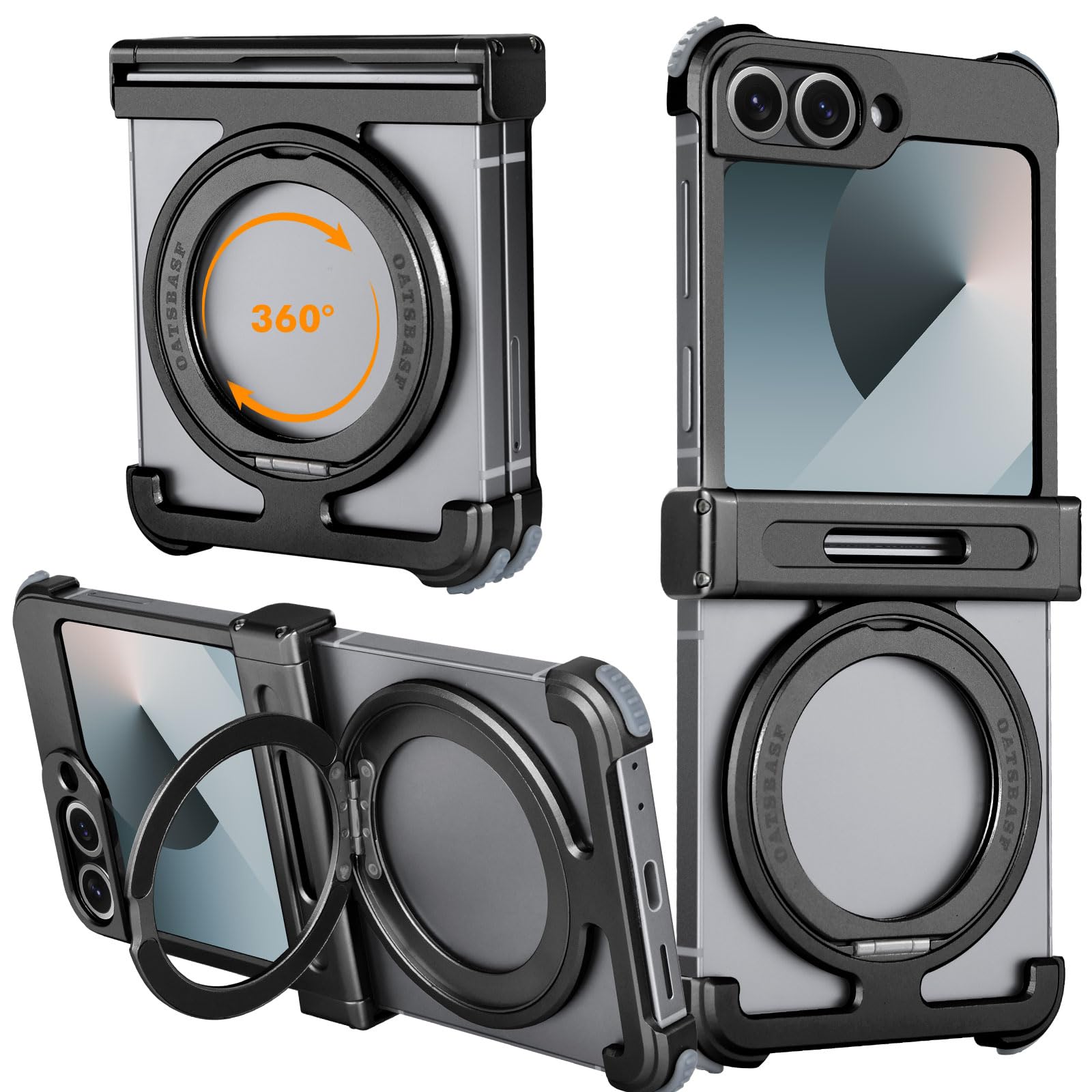Photo 1 of OGRANEE Metal Frameless for Samsung Galaxy Z Flip 6 Case with Mag Safe Ring Stand Holder 360°Rotatable Minimalist Slim Hard Bumper Thin Cover for Zflip 6 Phone Cases with Magnetic Kickstand, Black