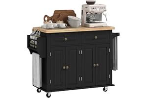 HOMCOM Kitchen Island Cart with Rubber Wood Top, Rolling Kitchen Island Table on Wheels with Drawers, Adjustable Shelves, Spice Rack and Towel Rack for Dining Room, Black