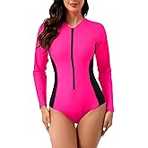 Halcurt Women's One Piece Rash Guard with Built in Bra UPF50+ Zip Long Sleeve Surfing Athletic Swimsuit