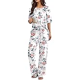 Ekouaer Pajamas for Women Set Short Sleeve Printe Lounge Sets Soft Pjs Round Neck Loungewear with Pockets S-XXL