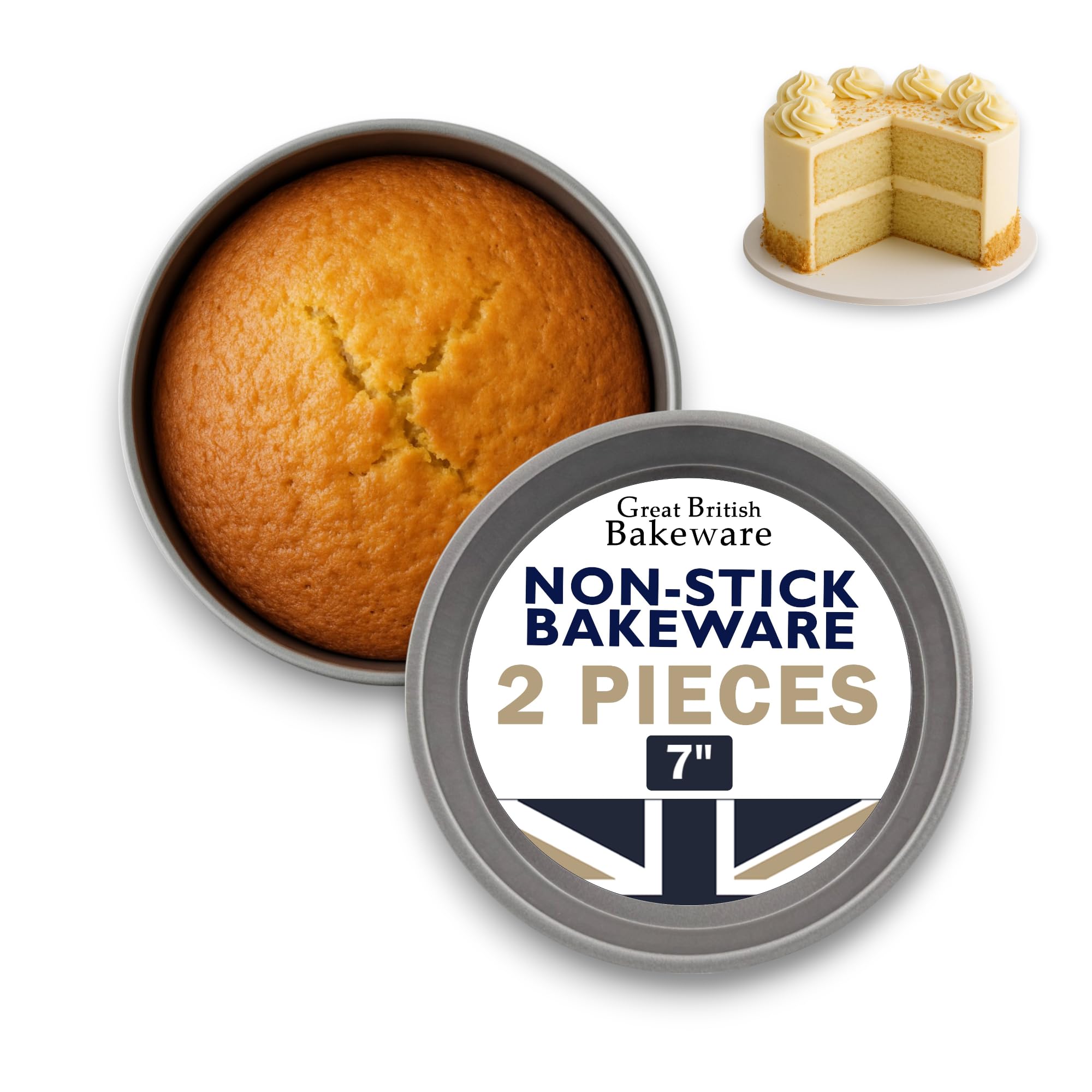 Great British Bakeware 2 Pack 7" Victoria Sandwich Cake Tin Straight Sided Superior Double Coated Non-Stick, 38mm Depth, Round Cake Tin, Fixed Base, PFOA & BPA Free Cookware, Made in England