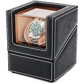 DRIKLUX Automatic Single Watch Winder, Black Ostrich Leather | For Rolex and Other Luxury Watches, Quiet Motor, Soft Flexible Watch Pillows of Camel Velvet