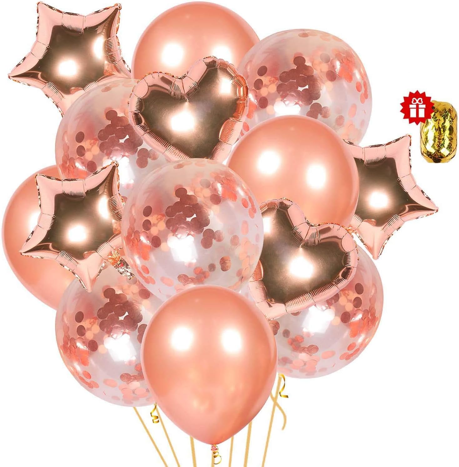 Rose Gold Confetti Balloons Pack of 34 with 1 Roll Gold String for Bridal Shower Decorations, Birthday Party Wedding
