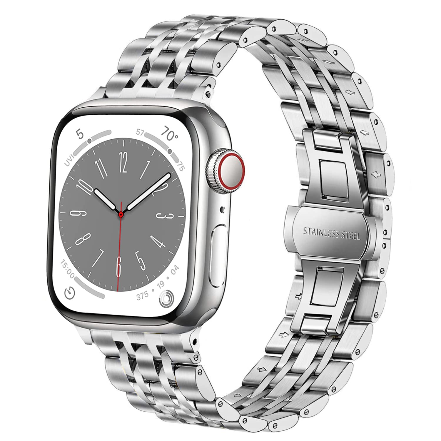 DEALELE Strap Compatible with iWatch 42mm 44mm 45mm 49mm, 7-Rows Stainless Steel Metal Replacement Bands for Apple Watch Series 9/8 / 7/6 / 5/4 / 3 / SE/Ultra Women Men (Silver)