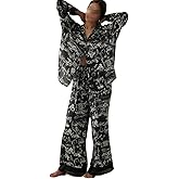 Fenghualzzniya Women Satin Pajama Set Floral Silk Pajamas 2 Piece Lounge Sets Button Down Shirts Wide Leg Pants Pjs Sleepwear